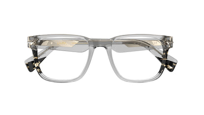 Front view of a gray classic square acetate eyeglass frames with havana pattern on the sides and temple tips, sculpted rivet details shown from the front against a white background.