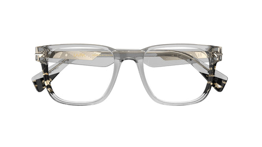 Front view of a gray classic square acetate eyeglass frames with havana pattern on the sides and temple tips, sculpted rivet details shown from the front against a white background.