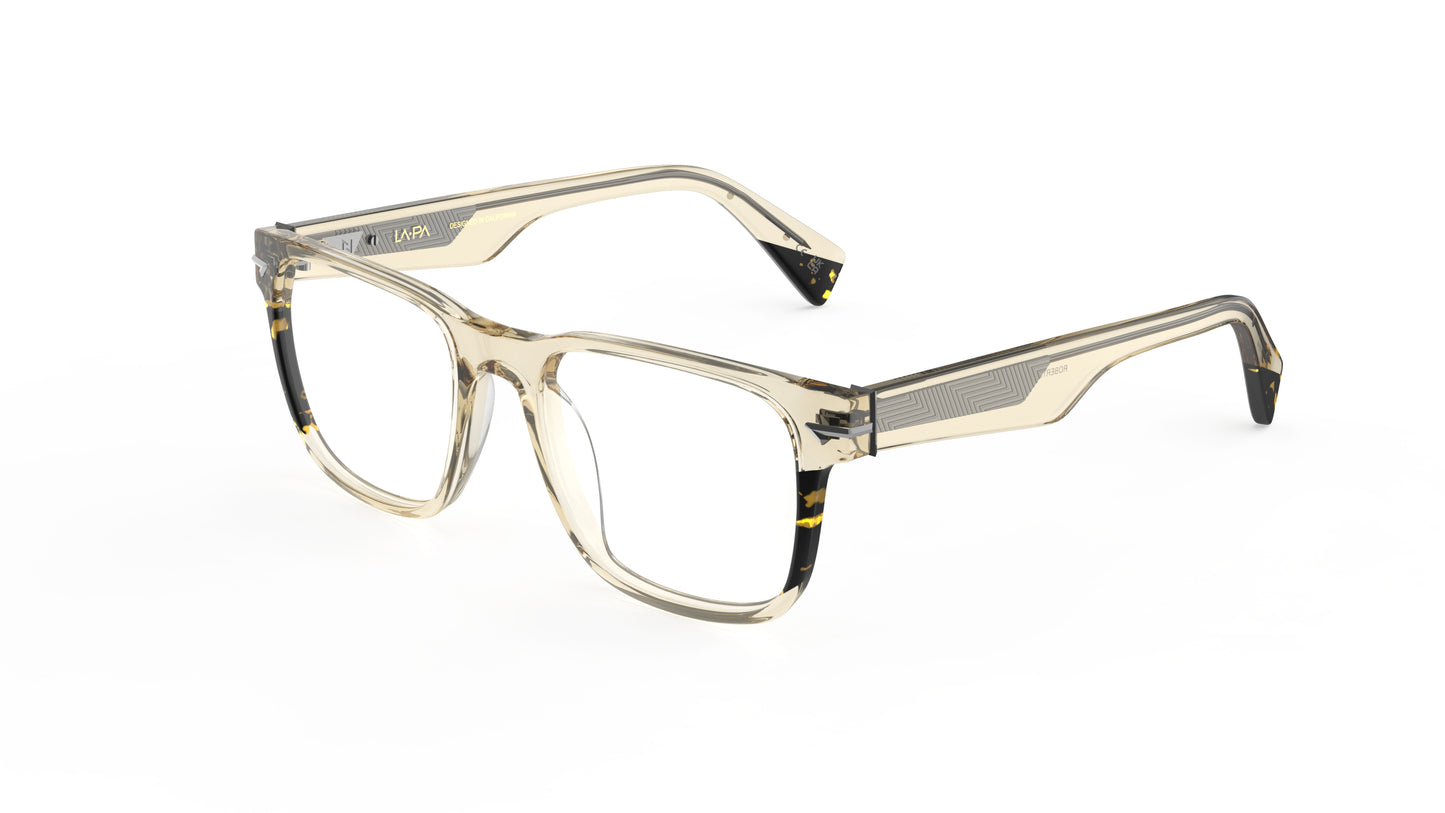 A pair of square-frame eyeglasses with a translucent khaki acetate frame and tortoiseshell-patterned accents, geometric patterned metal wire core, shown on a plain white background.