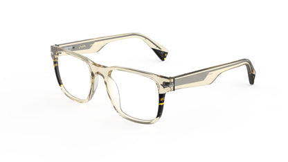 A pair of square-frame eyeglasses with a translucent khaki acetate frame and tortoiseshell-patterned accents, geometric patterned metal wire core, shown on a plain white background.