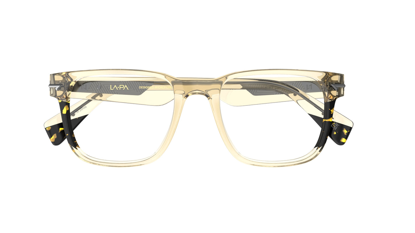 A pair of square eyeglasses featuring a translucent khaki acetate frame with dark tortoiseshell-patterned accents with sculpted rivets.