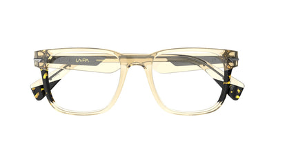 A pair of square eyeglasses featuring a translucent khaki acetate frame with dark tortoiseshell-patterned accents with sculpted rivets.