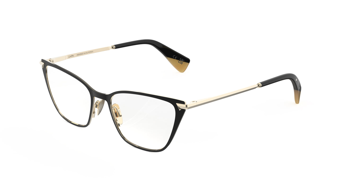 A pair of angular cateye eyeglasses with a black titanium front and gold titanium temples with an integrated spring hinge, shown on a plain white background.