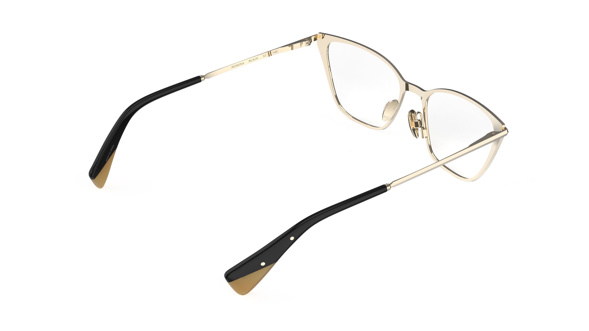 A rear view of a pair of cat-eye eyeglasses showing a gold-tone titanium frame with nosepads and acetate temple tips, shown on a plain white background.