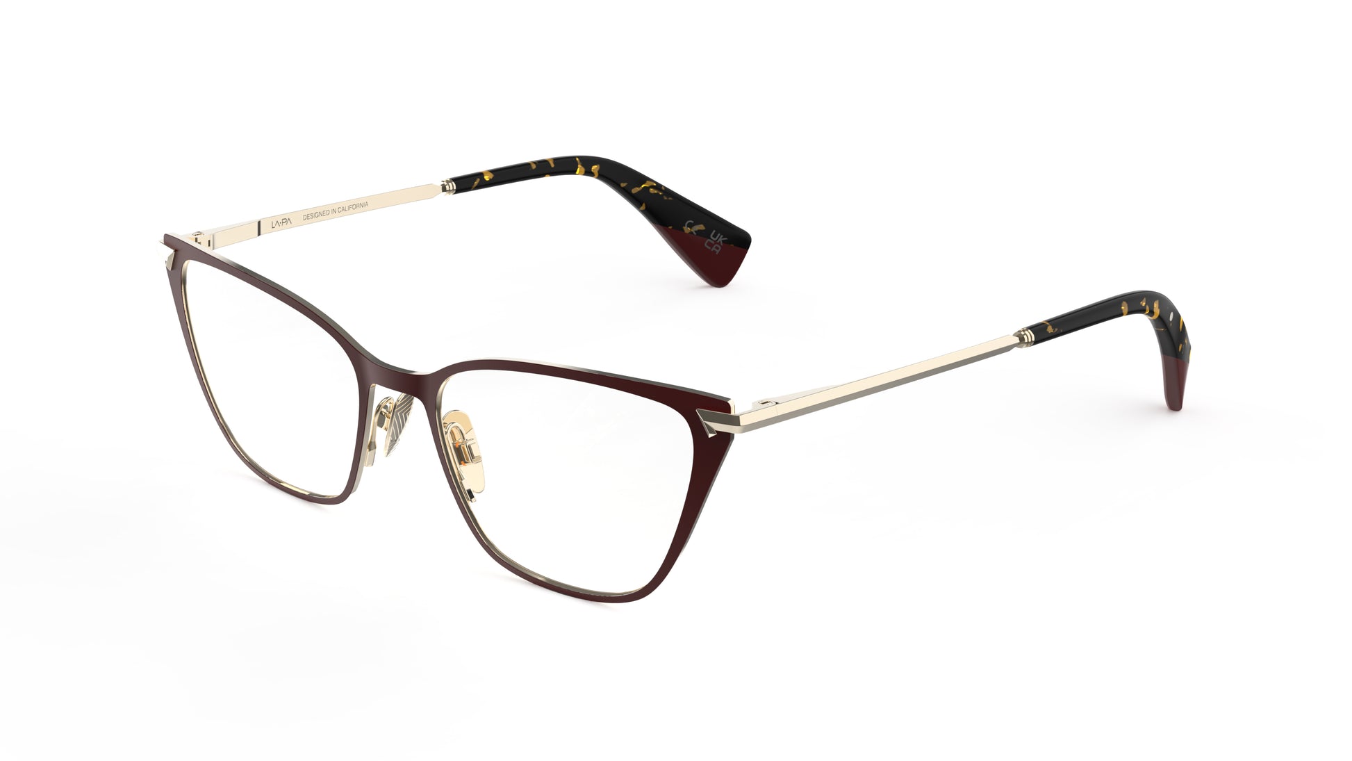 A pair of women's cat-eye eyeglasses featuring dark red titanium frame, light gold titanium temples with integrated spring hinge and nosepads, on a white background.