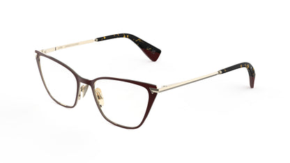 A pair of women's cat-eye eyeglasses featuring dark red titanium frame, light gold titanium temples with integrated spring hinge and nosepads, on a white background.
