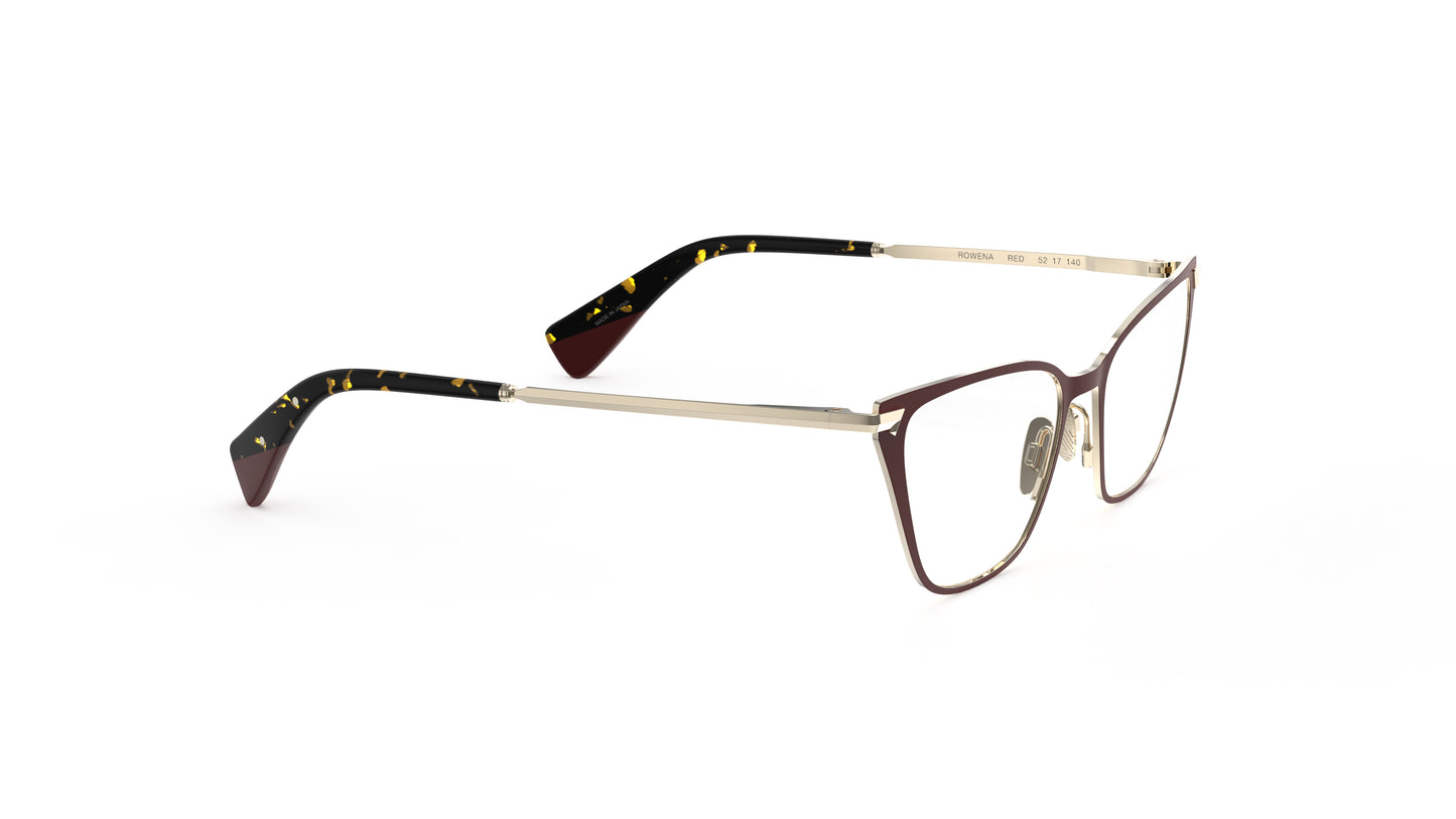 A pair of women's cat-eye eyeglasses featuring dark red titanium frame, light gold titanium temples with integrated spring hinge and nosepads, on a white background.