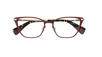 A pair of cat-eye eyeglasses with a burgundy red titanium frame, gold nosepads, and tortoiseshell temple tips, shown against a plain white background.