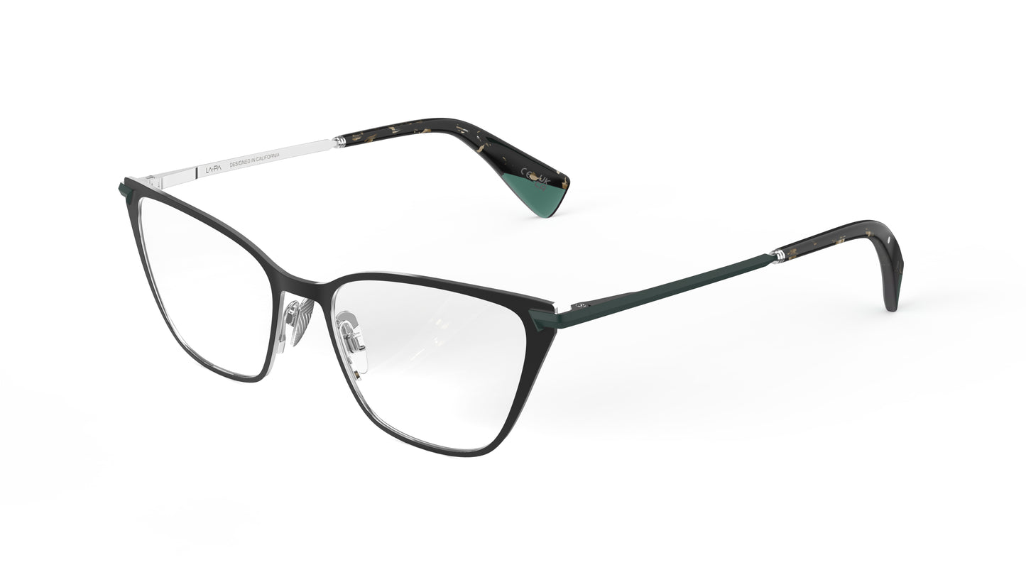 A pair of cateye eyeglasses with a titanium front, green and tortoiseshell-patterned temples tips, integrated spring hinge with nosepads, shown against a plain white background.