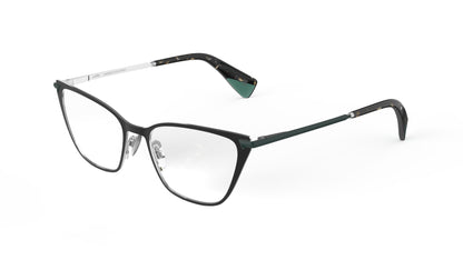 A pair of cateye eyeglasses with a titanium front, green and tortoiseshell-patterned temples tips, integrated spring hinge with nosepads, shown against a plain white background.