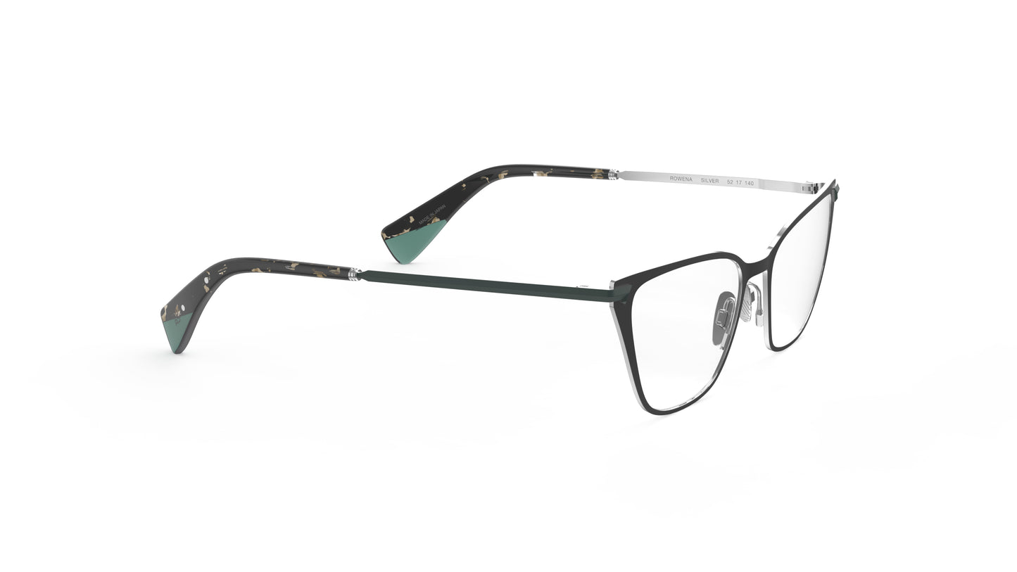 A pair of cateye eyeglasses with a titanium front, green and tortoiseshell-patterned temples tips, integrated spring hinge with nosepads, shown against a plain white background.