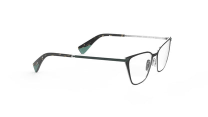 A pair of cateye eyeglasses with a titanium front, green and tortoiseshell-patterned temples tips, integrated spring hinge with nosepads, shown against a plain white background.