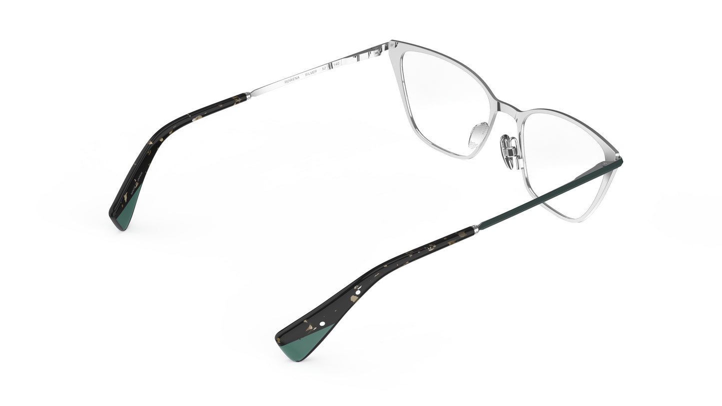 A rear view of titanium cateye eyeglasses with a silver inner frame and dark green and tortoiseshell  temple tips, shown on a plain white background.
