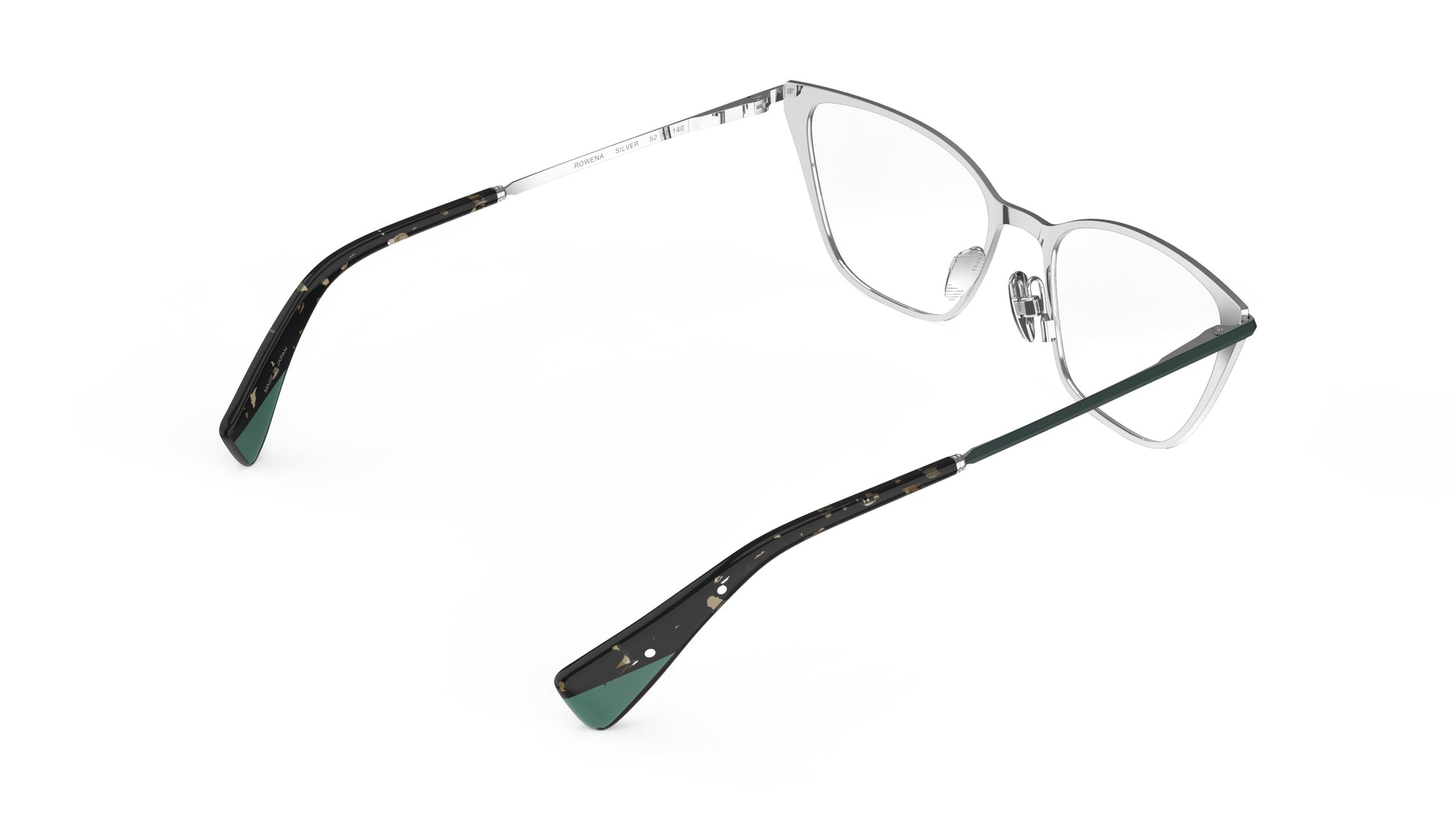 A rear view of titanium cateye eyeglasses with a silver inner frame and dark green and tortoiseshell  temple tips, shown on a plain white background.