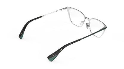 A rear view of titanium cateye eyeglasses with a silver inner frame and dark green and tortoiseshell  temple tips, shown on a plain white background.