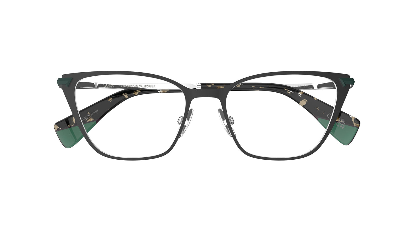 A pair of cateye eyeglasses with a titnaium front, green and tortoiseshell-patterned temples tips, with nosepads shown against a plain white background.