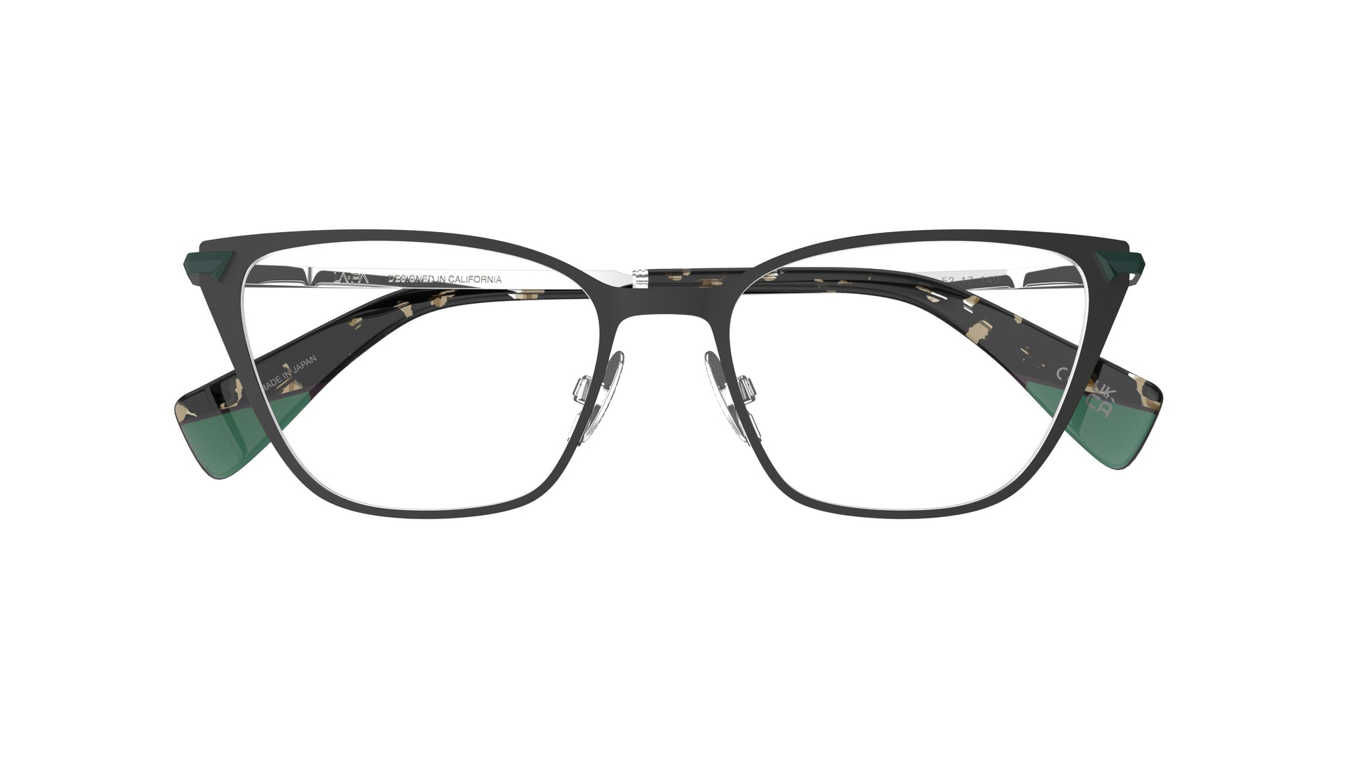 A pair of cateye eyeglasses with a titnaium front, green and tortoiseshell-patterned temples tips, with nosepads shown against a plain white background.