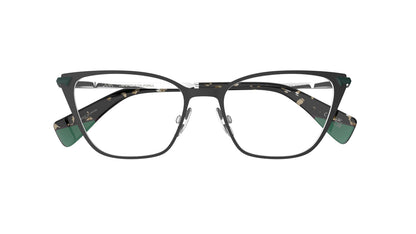 A pair of cateye eyeglasses with a titnaium front, green and tortoiseshell-patterned temples tips, with nosepads shown against a plain white background.