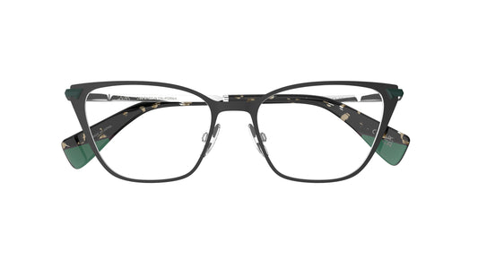 A pair of cateye eyeglasses with a titnaium front, green and tortoiseshell-patterned temples tips, with nosepads shown against a plain white background.