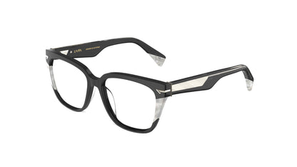 A pair of square eyeglasses with a black acetate front with white pearl accents, geometric patterned metal wire cores shown on a plain white background.