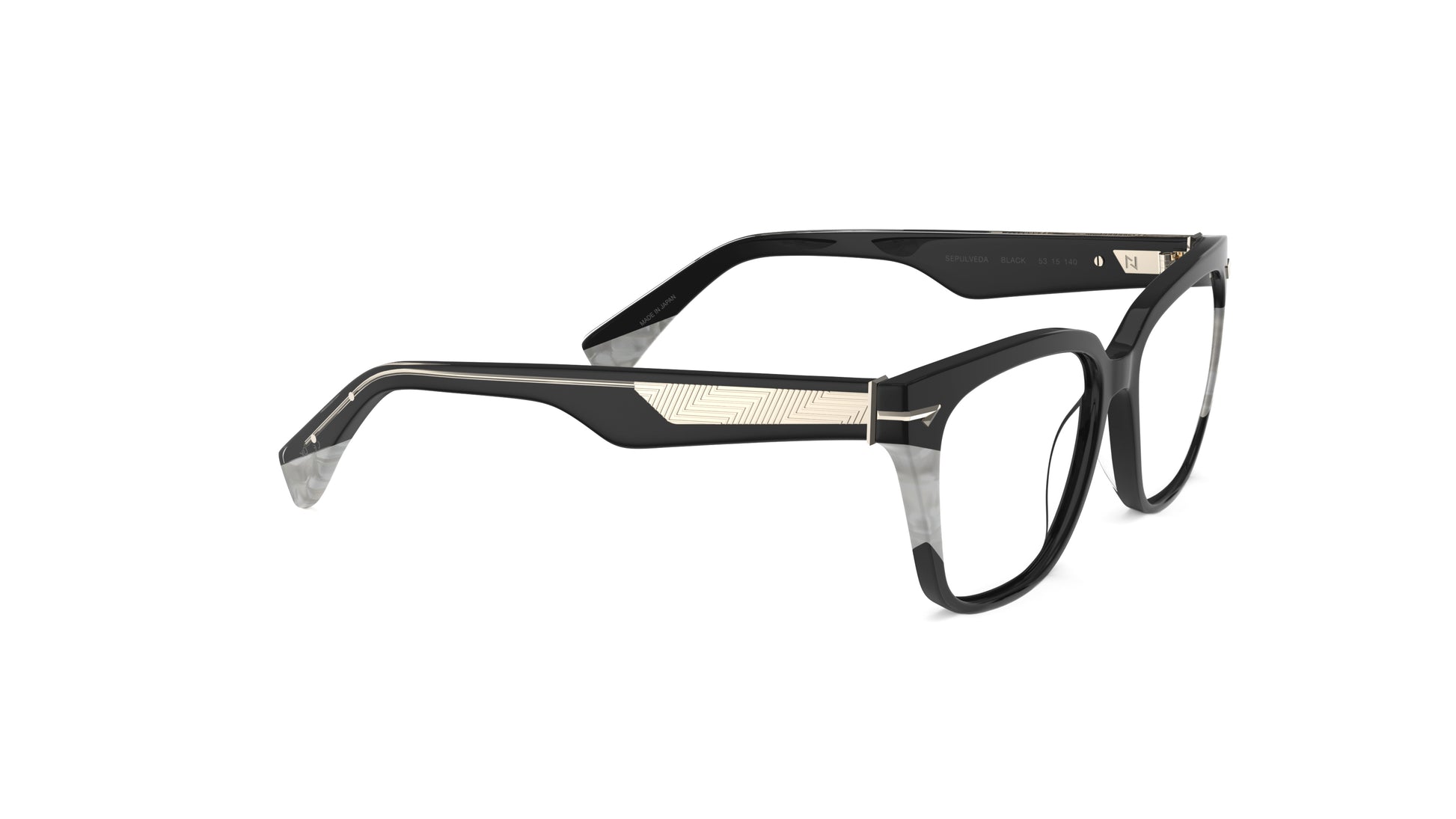 A pair of square eyeglasses with a black acetate front with white pearl accents, geometric patterned metal wire cores shown on a plain white background.