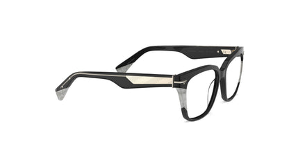 A pair of square eyeglasses with a black acetate front with white pearl accents, geometric patterned metal wire cores shown on a plain white background.