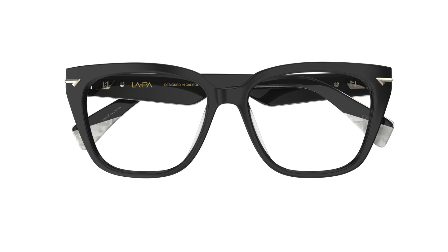 Classic black oversized square eyeglasses with metal accents on the endpieces, shown against a plain white background.