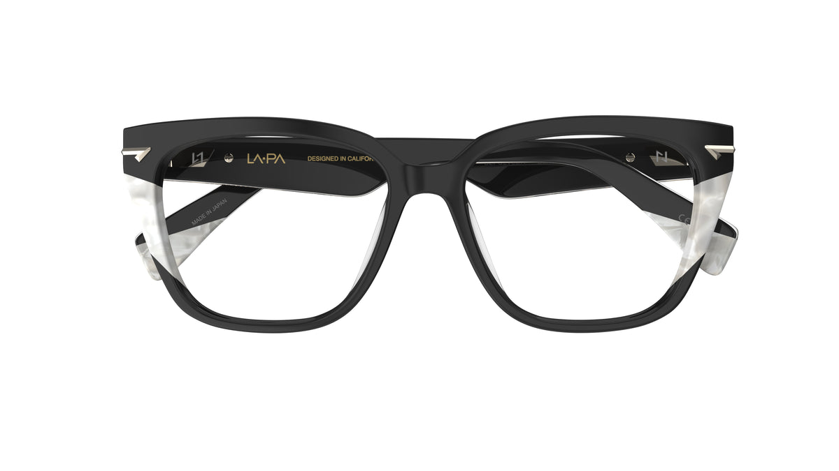 Rectangular eyeglasses with a black frame with pearl lamination, and silver metal accents, shown against a plain white background.