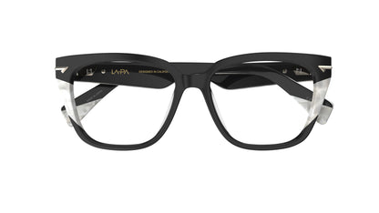 Rectangular eyeglasses with a black frame with pearl lamination, and silver metal accents, shown against a plain white background.