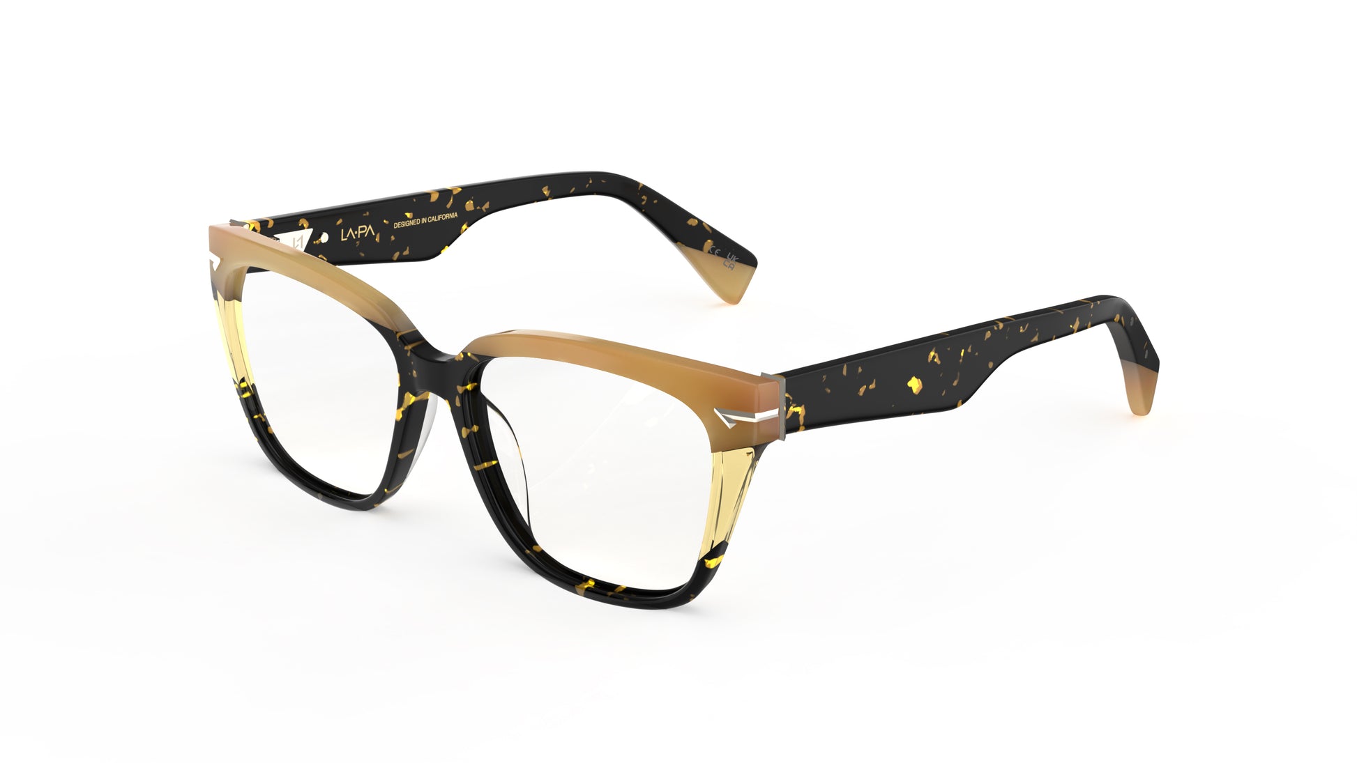 A pair of acetate square eyeglasses with a havana tortoiseshell front, with a tan top brow, set against a plain white background.
