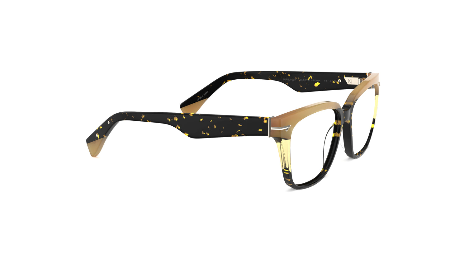 A pair of acetate square eyeglasses with a havana tortoiseshell front, with a tan top brow, set against a plain white background.