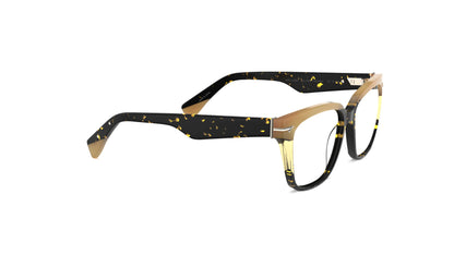 A pair of acetate square eyeglasses with a havana tortoiseshell front, with a tan top brow, set against a plain white background.