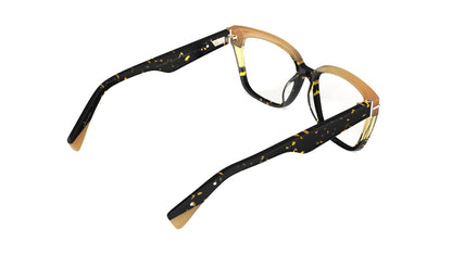 A rear view of a pair of acetate square eyeglasses with a havana tortoiseshell front, with a tan top brow, set against a plain white background.