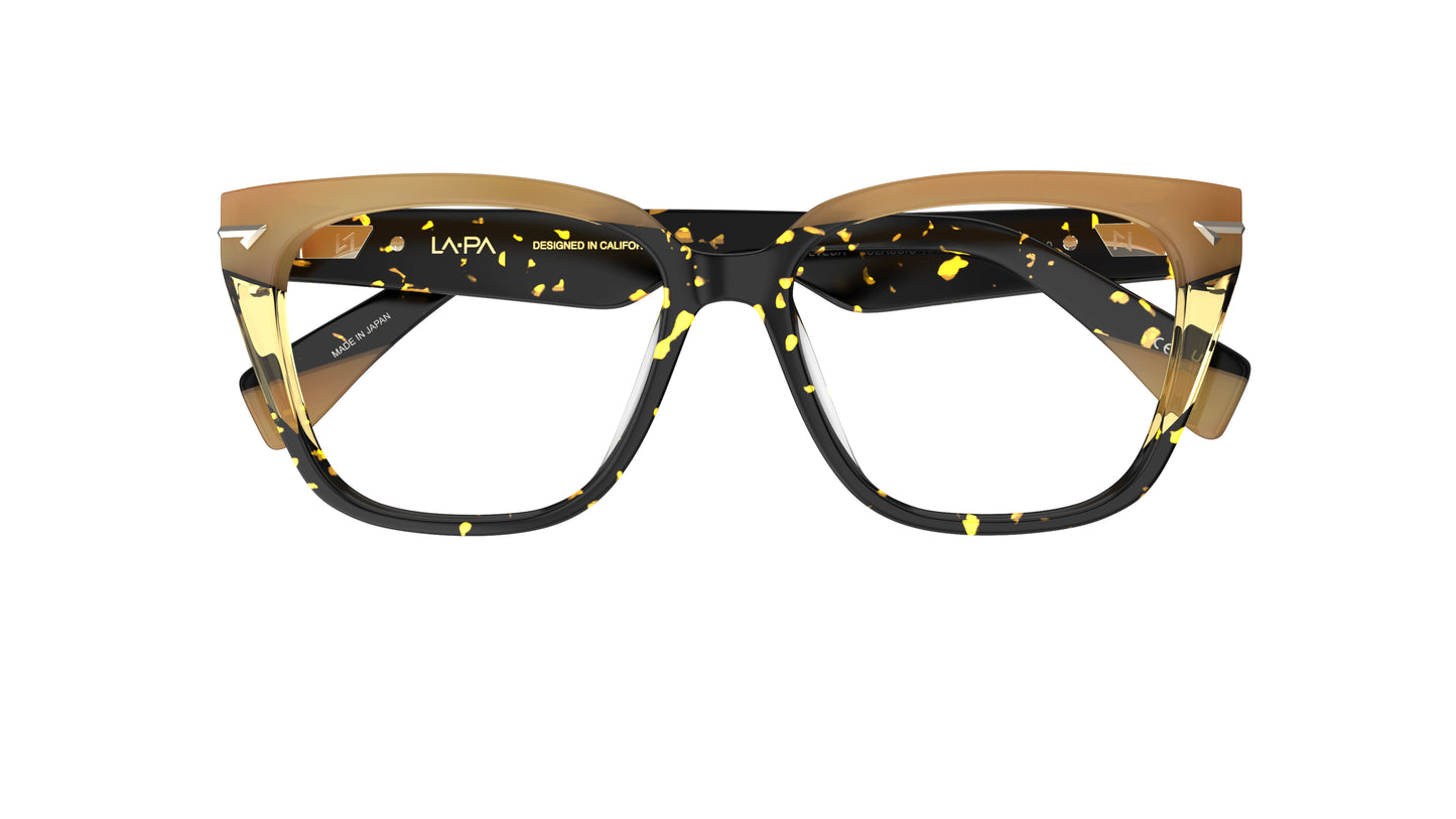 A pair of square acetate eyeglasses with a tortoiseshell acetate front with a tan top brow and temple tips.