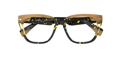 A pair of square acetate eyeglasses with a tortoiseshell acetate front with a tan top brow and temple tips.