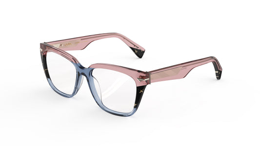 A pair of cat-eye oversized square eyeglasses featuring a translucent pink acetate frame that transitions into a blue gradient at the bottom, with tortoiseshell accents. Geometric patterned wire cores.