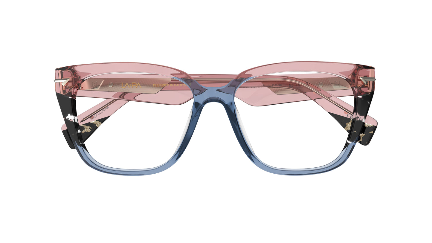 A pair of oversized square eyeglasses featuring a translucent rose acetate upper frame that transitions into a blue acetate lower frame, with tortoiseshell accents, shown against a plain white background.