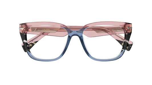 A pair of oversized square eyeglasses featuring a translucent rose acetate upper frame that transitions into a blue acetate lower frame, with tortoiseshell accents, shown against a plain white background.