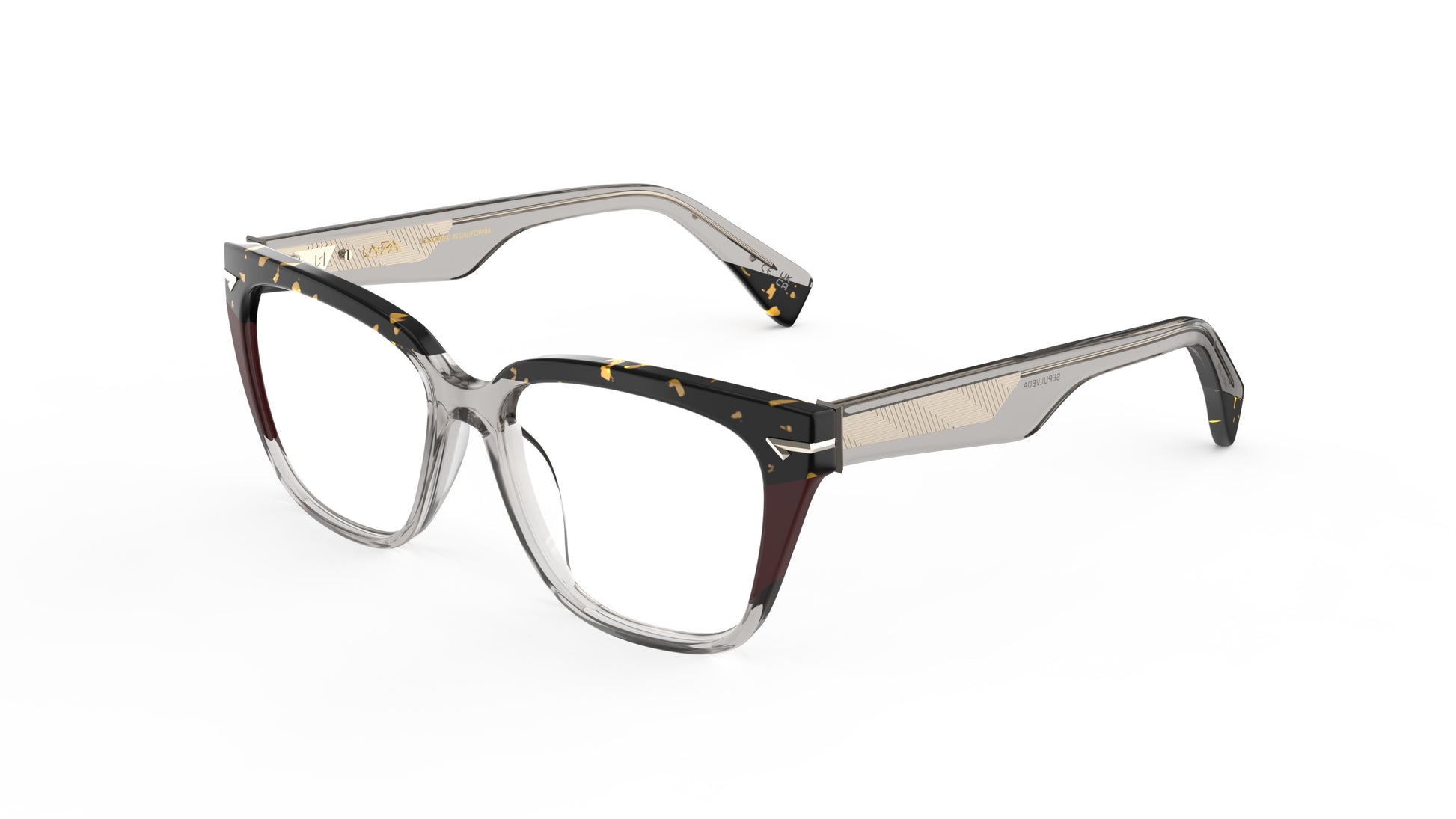 A pair of trendy square eyeglasses featuring a translucent warm gray acetate front with dark tortoiseshell browns and burgundy accent, and matching warm gray temples with geometric patterned metal wire core.