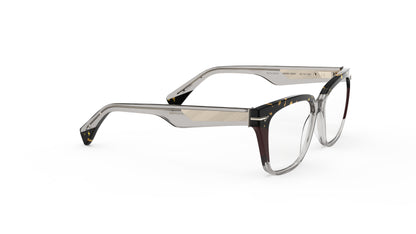 A pair of trendy square eyeglasses featuring a translucent warm gray acetate front with dark tortoiseshell browns and burgundy accent, and matching warm gray temples with geometric patterned metal wire core.