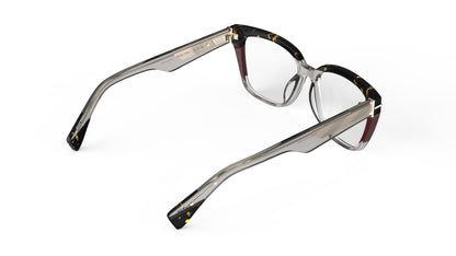 A rear view of a pair of square eyeglasses featuring a translucent warm gray acetate front with dark tortoiseshell browns and burgundy accent, and matching warm gray temples with geometric patterned metal wire core.