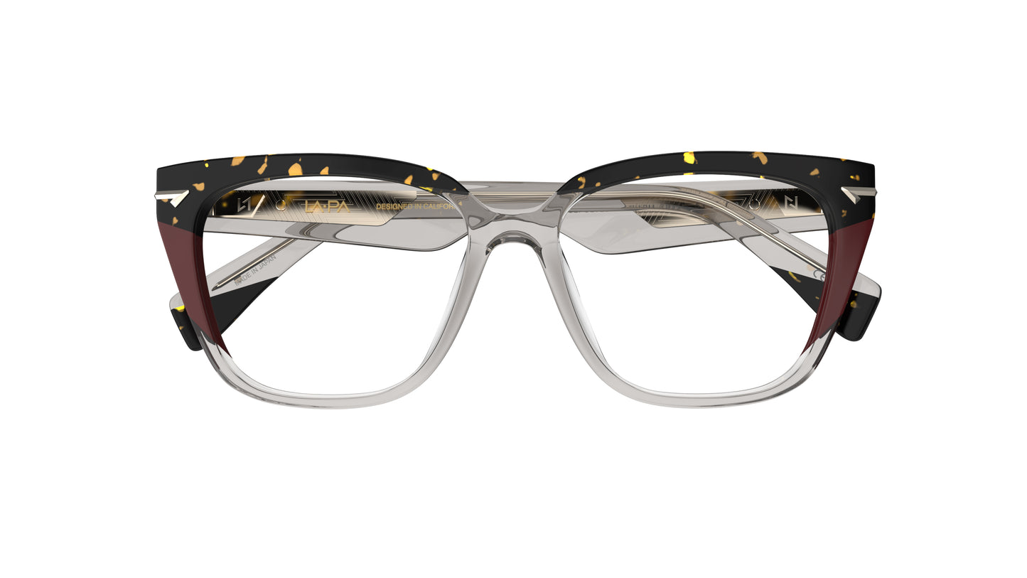 A pair of cat-eye eyeglasses featuring a warm gray acetate front, dark tortoiseshell upper brow, and burgundy accents, shown against a plain white background.