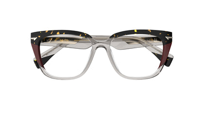 A pair of cat-eye eyeglasses featuring a warm gray acetate front, dark tortoiseshell upper brow, and burgundy accents, shown against a plain white background.