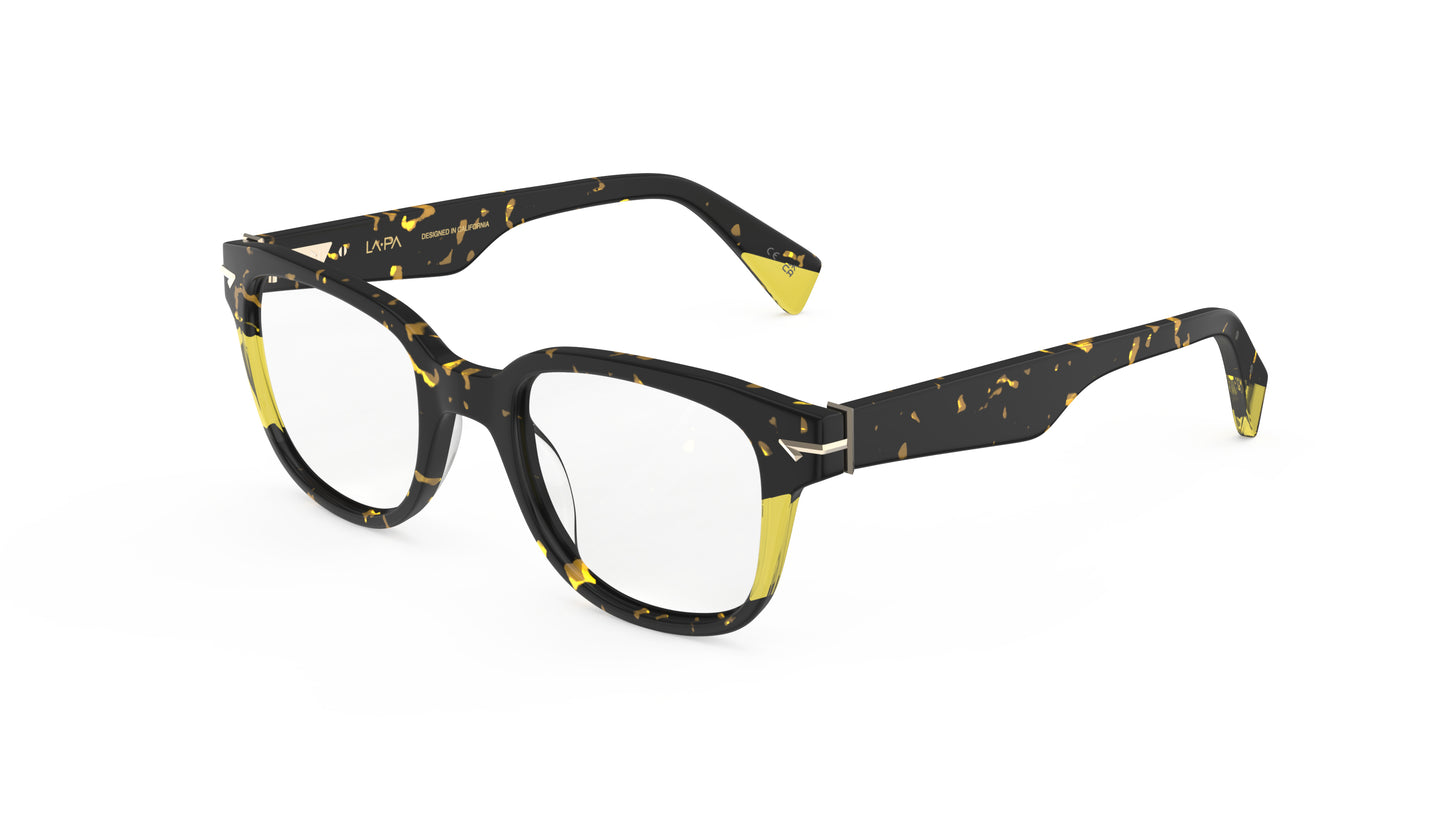 A pair of square eyeglasses with a dark tortoiseshell front with translucent yellow accents, shown on a plain white background.