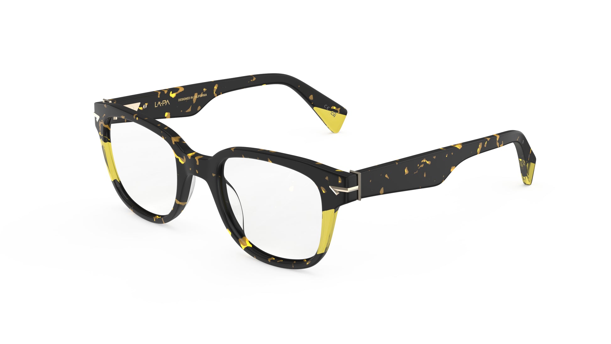 A pair of square eyeglasses with a dark tortoiseshell front with translucent yellow accents, shown on a plain white background.