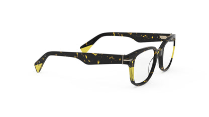 A pair of square eyeglasses with a dark tortoiseshell front with translucent yellow accents, shown on a plain white background.