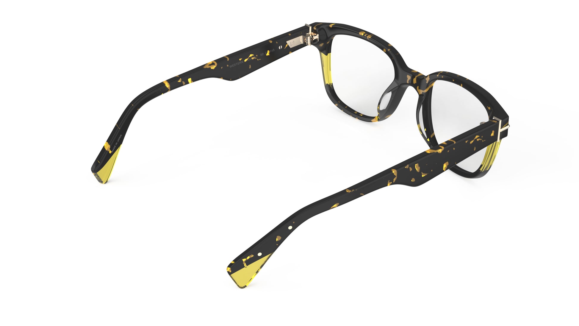 A rear view of pair of square eyeglasses with a dark tortoiseshell pattern on the front and temples, featuring yellow accents, shown on a plain white background.