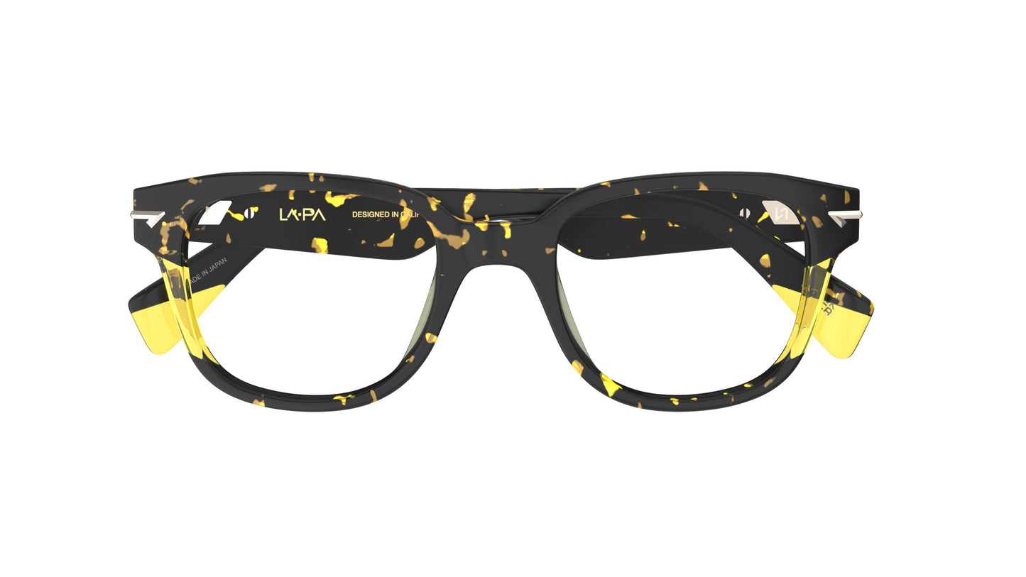 A pair of square-frame eyeglasses with a dark tortoise and yellow acetate front, yellow temple tips, shown on plain white background.