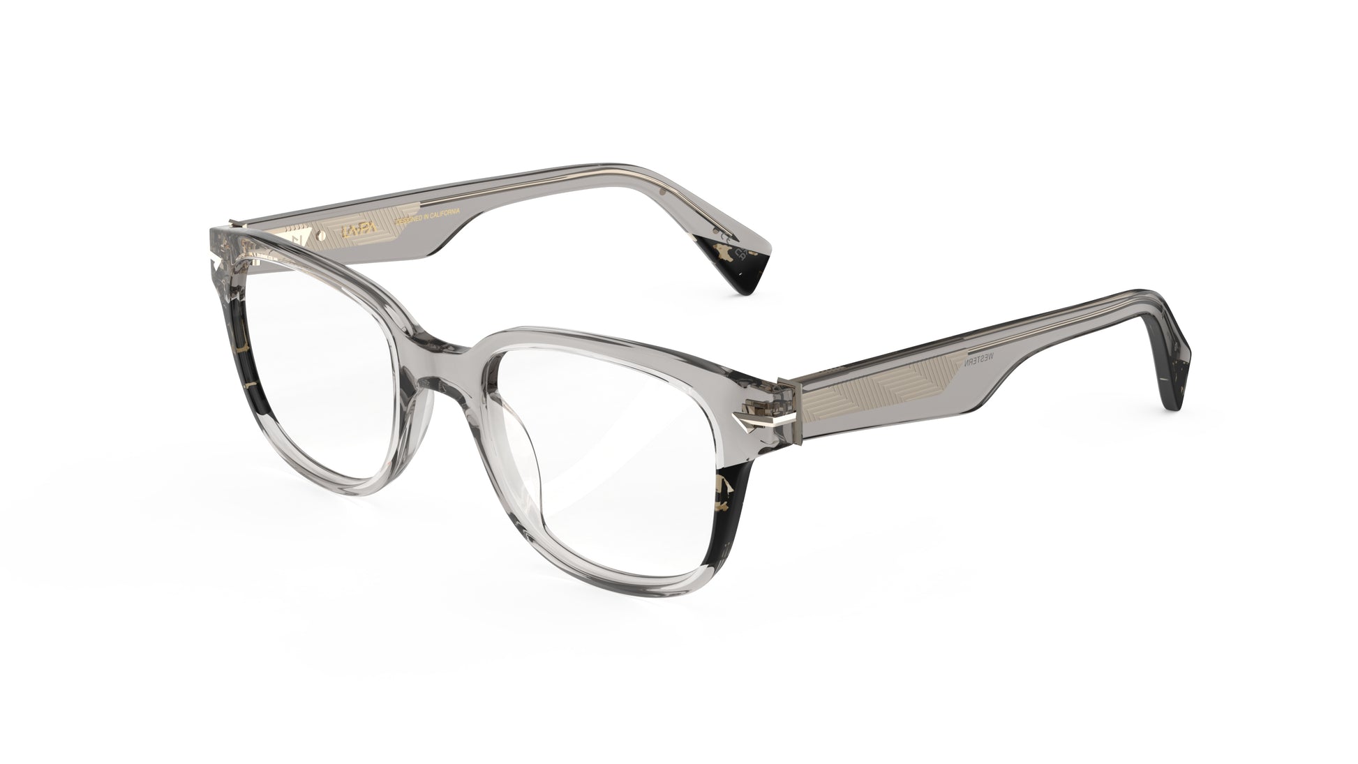 A pair of warm gray acetate eyeglass frames with smoky tortoise accents, geometric patterned metal wire core, seen on a solid white background.