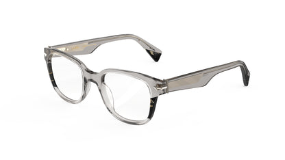 A pair of warm gray acetate eyeglass frames with smoky tortoise accents, geometric patterned metal wire core, seen on a solid white background.
